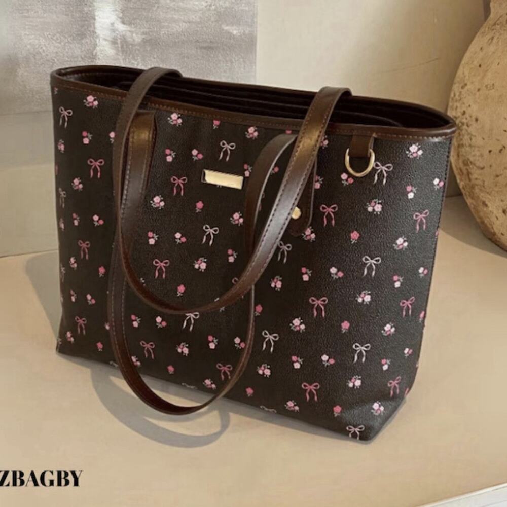 Black Floral Bow Print Tote Bag Women Brown Shoulder Straps Inner Pockets Open